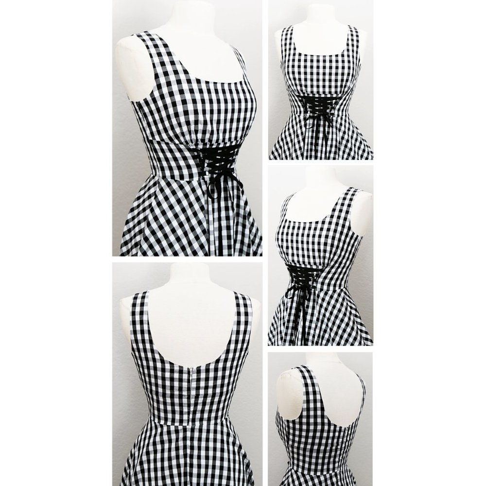 Gingham Checker Laced Up Waist Fit Flared Dress - Picture 4 of 8